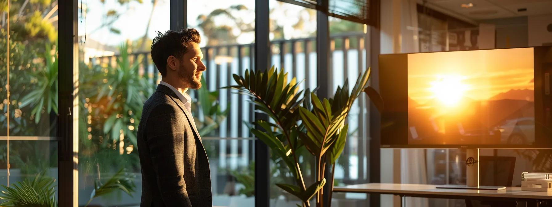 a sleek, modern office in melbourne showcases a confident mortgage broker discussing options with clients, illuminated by warm, ambient lighting that enhances the professional atmosphere.