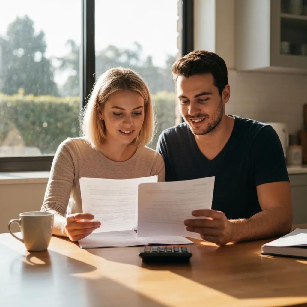 A couple at home reviewing documents and calculating stamp duty with a calculator