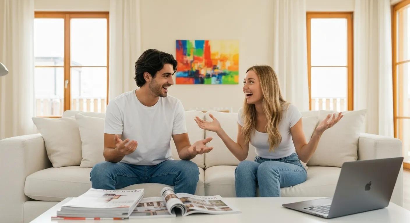 Young couple excitedly discussing their first home purchase in a bright, modern living room