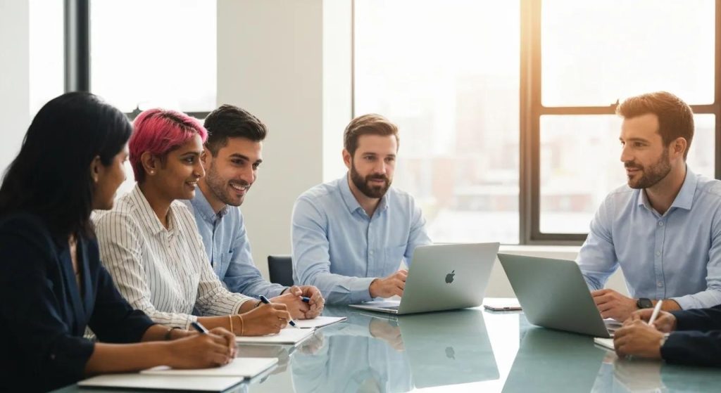 A diverse group of people collaborating around a table, discussing property investment opportunities in a modern Melbourne setting.